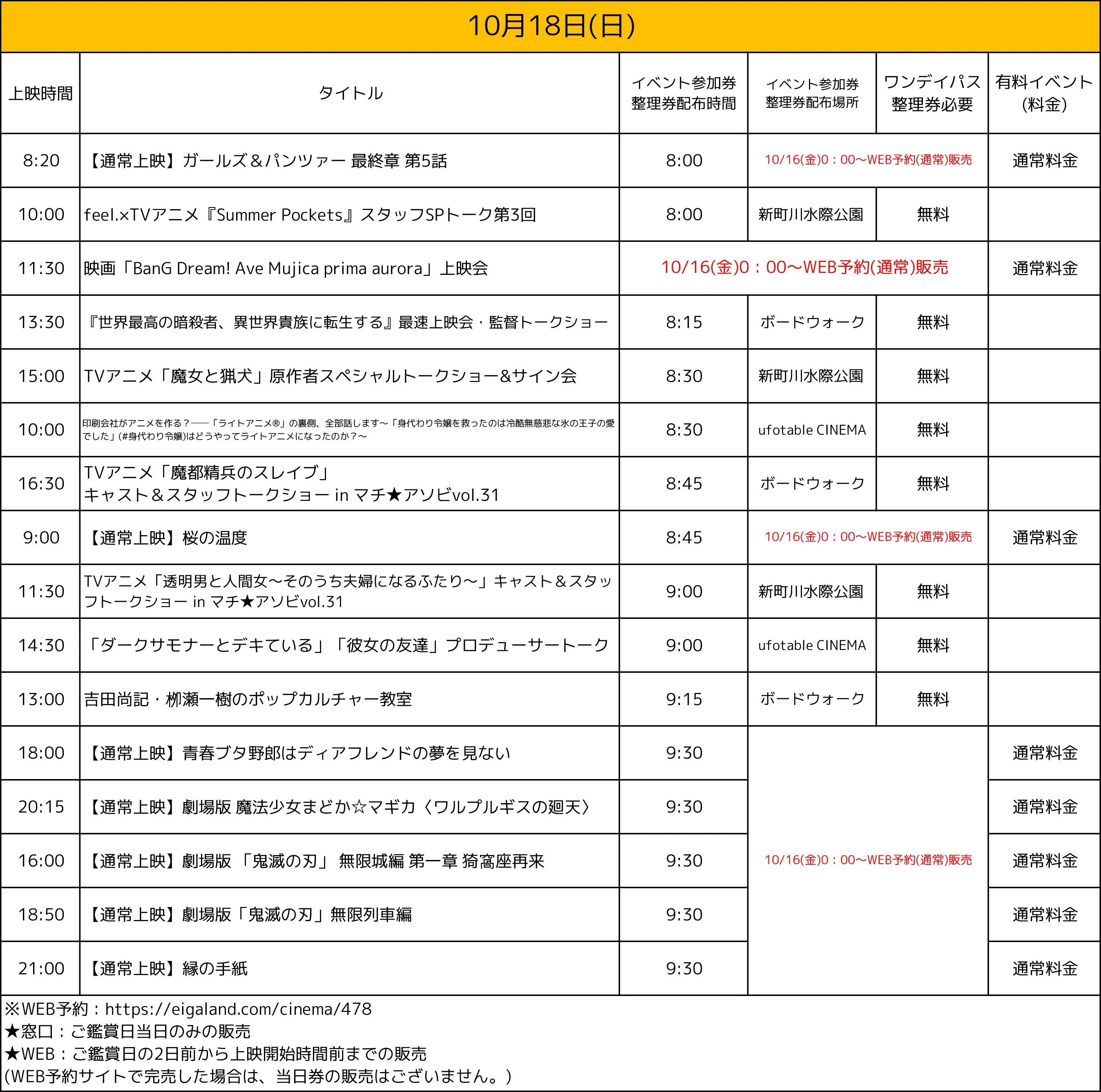 日曜日の販売スケジュール